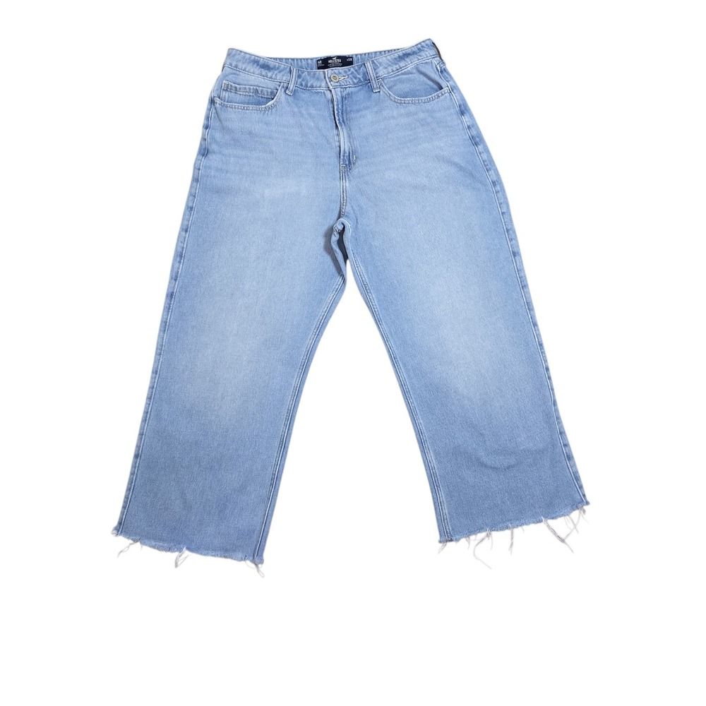 Hollister Baggy Wide Leg Jeans Womens 14R Light Wash Raw Hem High Rise Denim